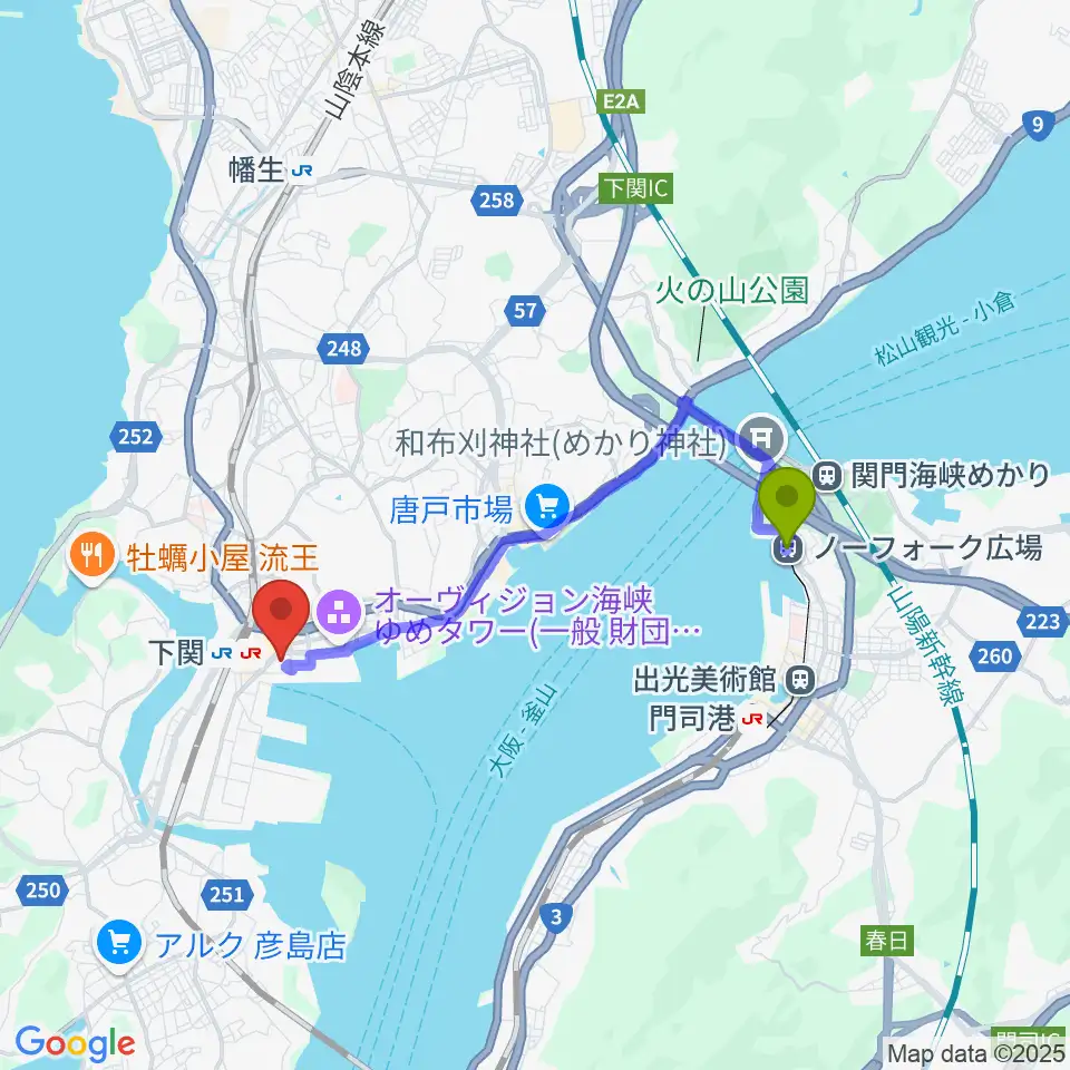 ノーフォーク広場駅から下関市民会館へのルートマップ地図