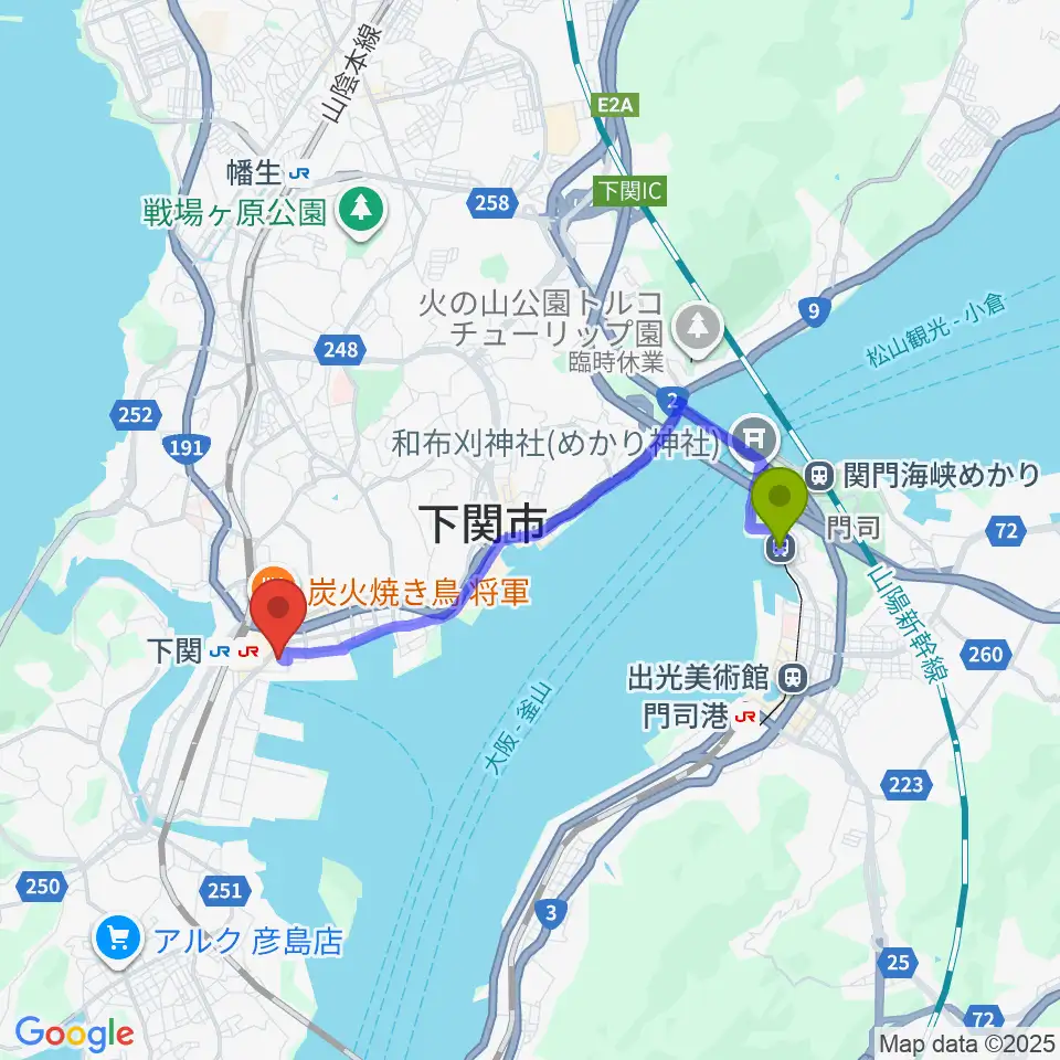 ノーフォーク広場駅から下関市民会館へのルートマップ地図