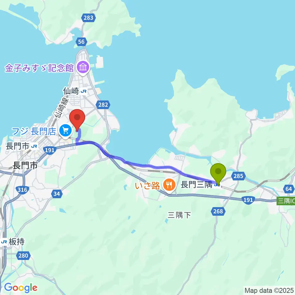 長門三隅駅から山口県立劇場 ルネッサながとへのルートマップ地図