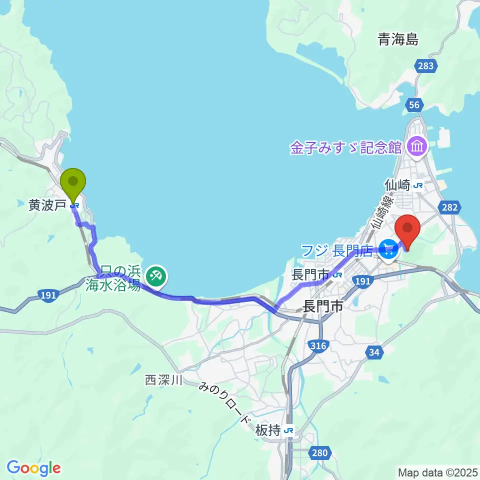 黄波戸駅から山口県立劇場 ルネッサながとへのルートマップ地図