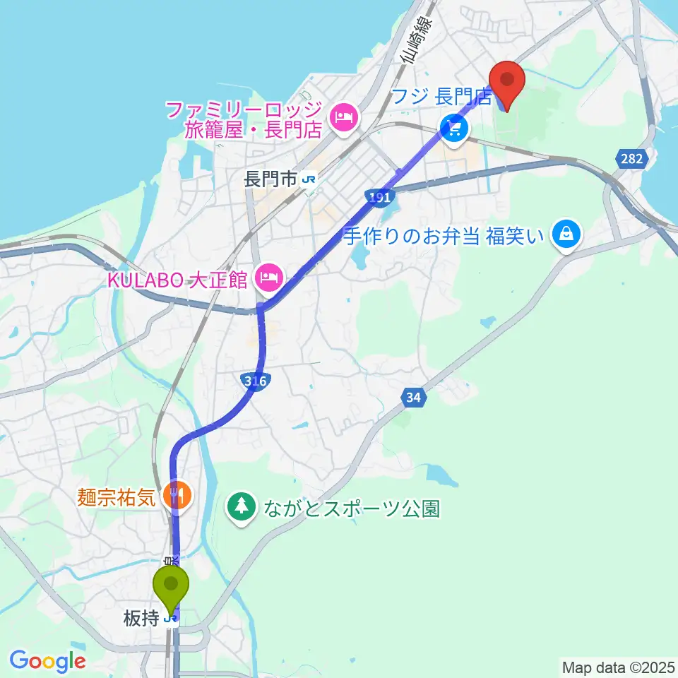 板持駅から山口県立劇場 ルネッサながとへのルートマップ地図