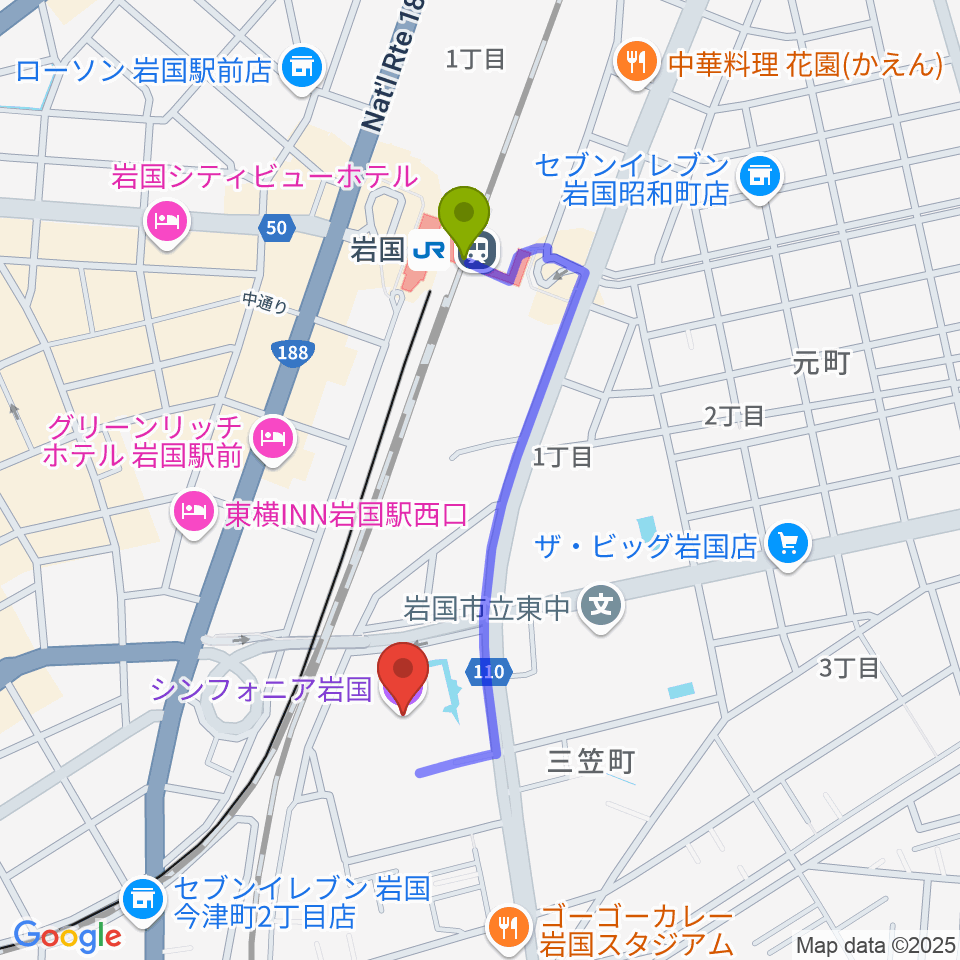 シンフォニア岩国の最寄駅岩国駅からの徒歩ルート（約8分）地図