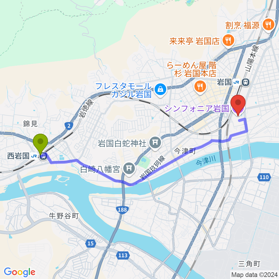 西岩国駅からシンフォニア岩国へのルートマップ地図