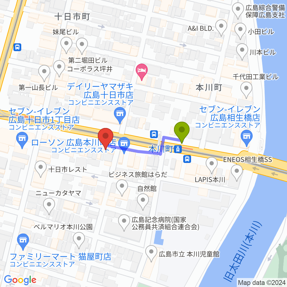 音楽喫茶ヲルガン座の最寄駅本川町駅からの徒歩ルート（約2分）地図