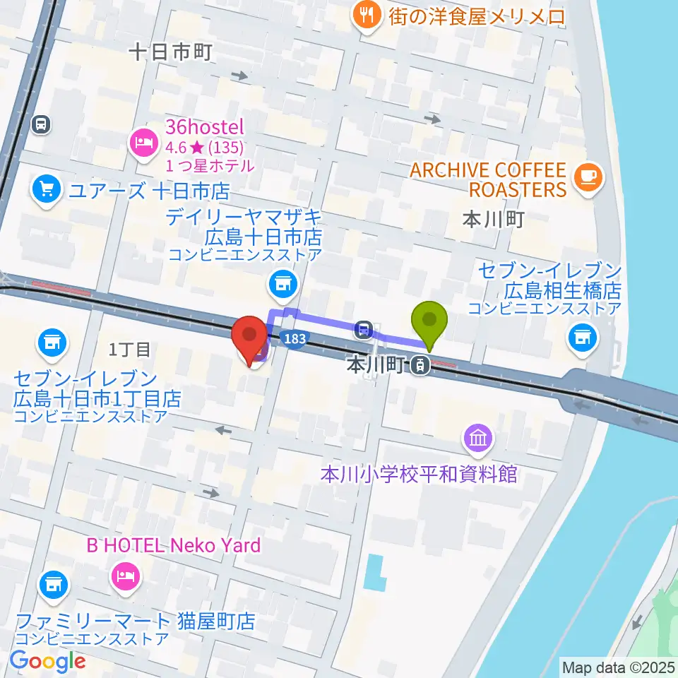 音楽喫茶ヲルガン座の最寄駅本川町駅からの徒歩ルート（約2分）地図