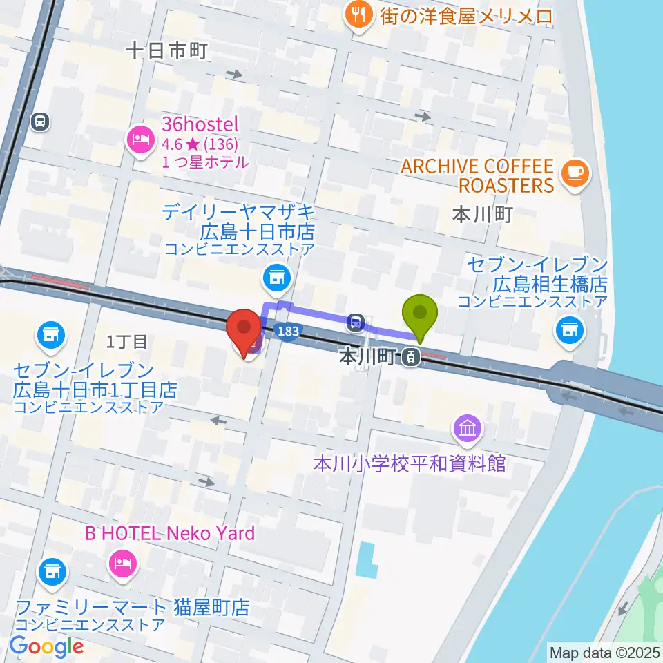 音楽喫茶ヲルガン座の最寄駅本川町駅からの徒歩ルート（約2分）地図