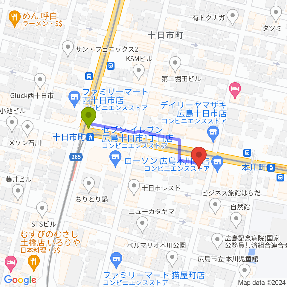 十日市町駅から音楽喫茶ヲルガン座へのルートマップ地図