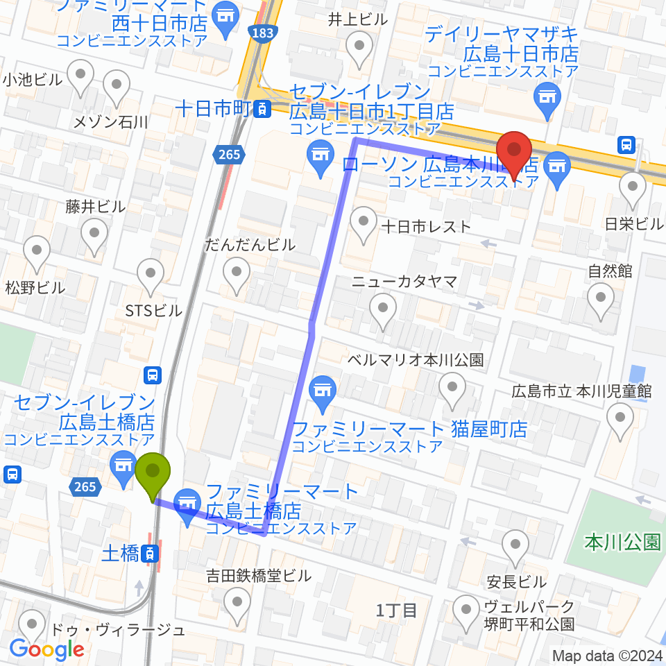 土橋駅から音楽喫茶ヲルガン座へのルートマップ地図