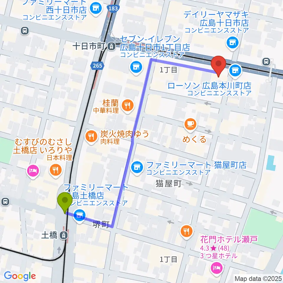 土橋駅から音楽喫茶ヲルガン座へのルートマップ地図