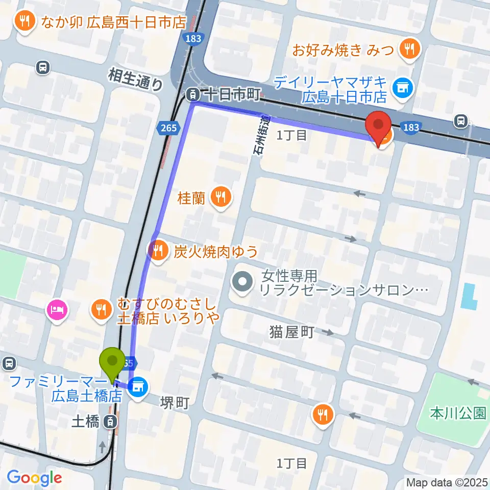 土橋駅から音楽喫茶ヲルガン座へのルートマップ地図
