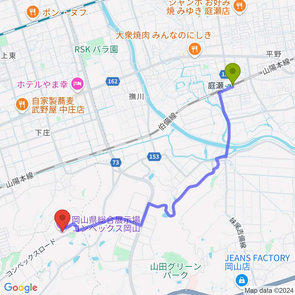 庭瀬駅からコンベックス岡山へのルートマップ地図