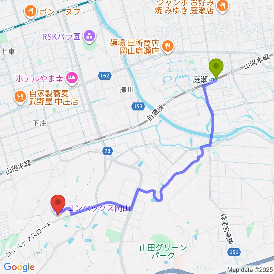 庭瀬駅からコンベックス岡山へのルートマップ地図