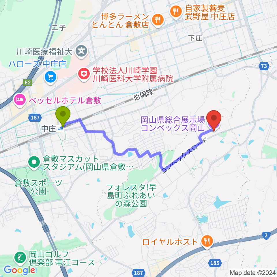 コンベックス岡山の最寄駅中庄駅からの徒歩ルート（約34分）地図