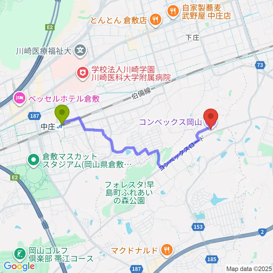 コンベックス岡山の最寄駅中庄駅からの徒歩ルート（約34分）地図