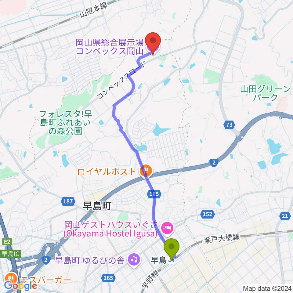 早島駅からコンベックス岡山へのルートマップ地図