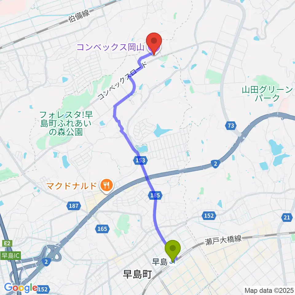 早島駅からコンベックス岡山へのルートマップ地図