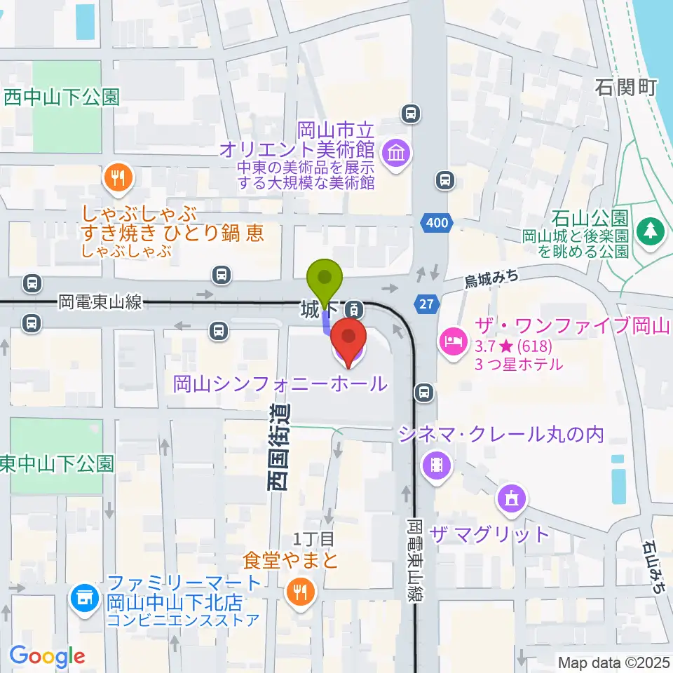 岡山シンフォニーホールの最寄駅城下駅からの徒歩ルート（約1分）地図