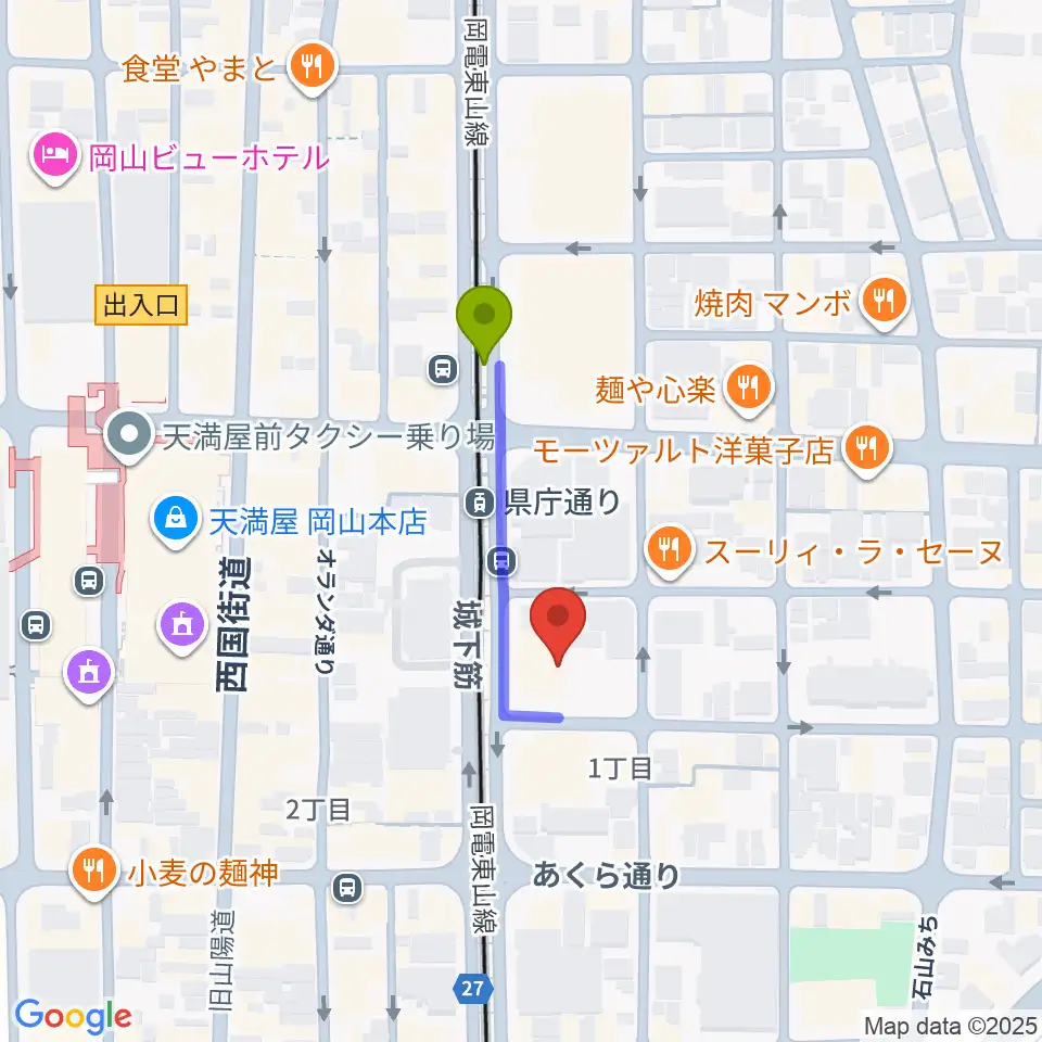 ルネスホールの最寄駅県庁通り駅からの徒歩ルート（約2分）地図
