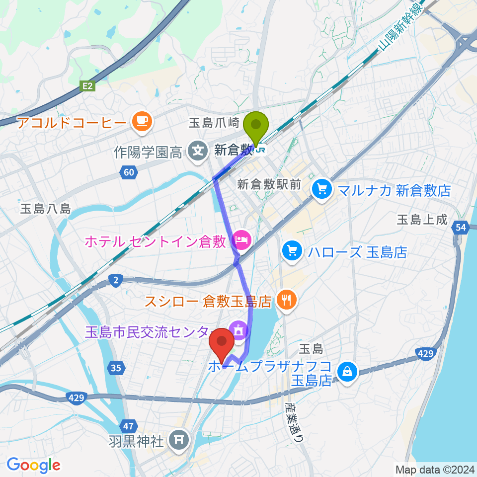 倉敷市玉島文化センターの最寄駅新倉敷駅からの徒歩ルート（約29分）地図