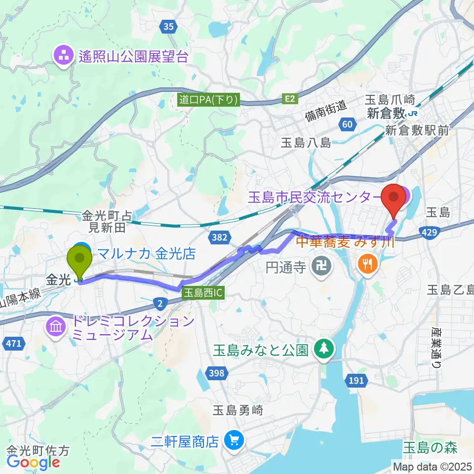 金光駅から倉敷市玉島文化センターへのルートマップ地図