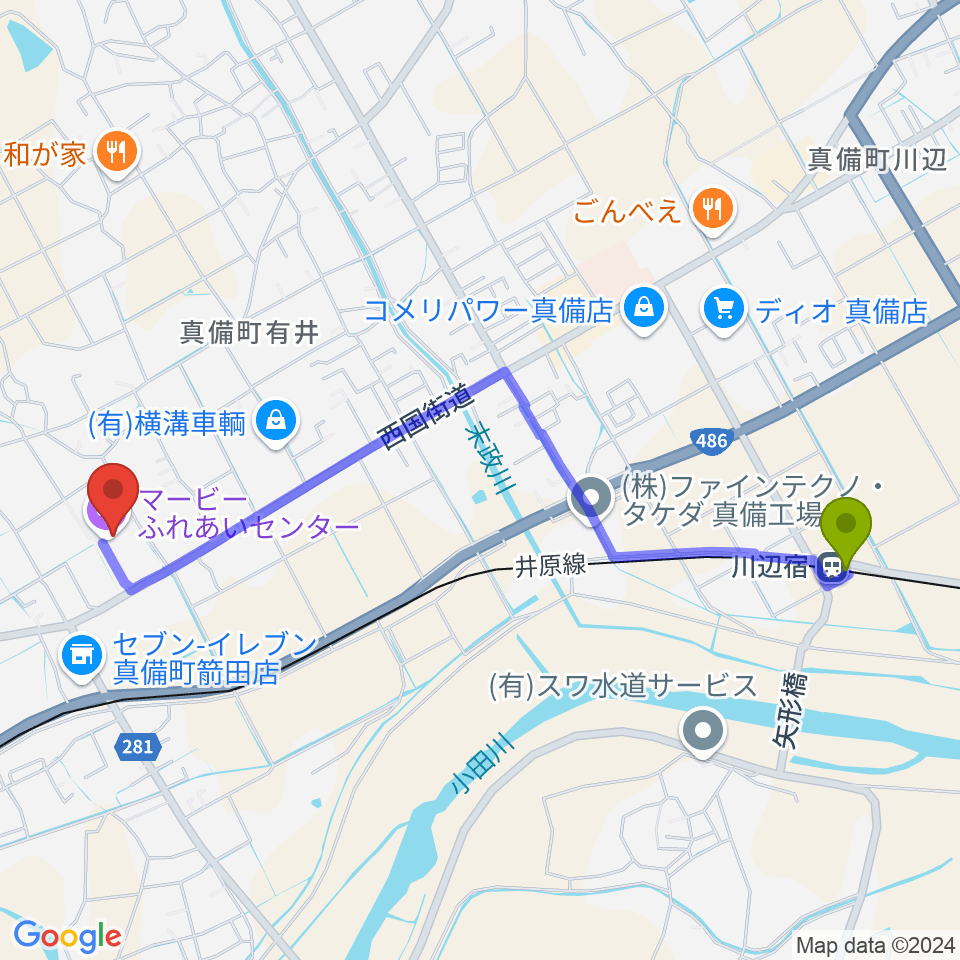 川辺宿駅からマービーふれあいセンターへのルートマップ地図