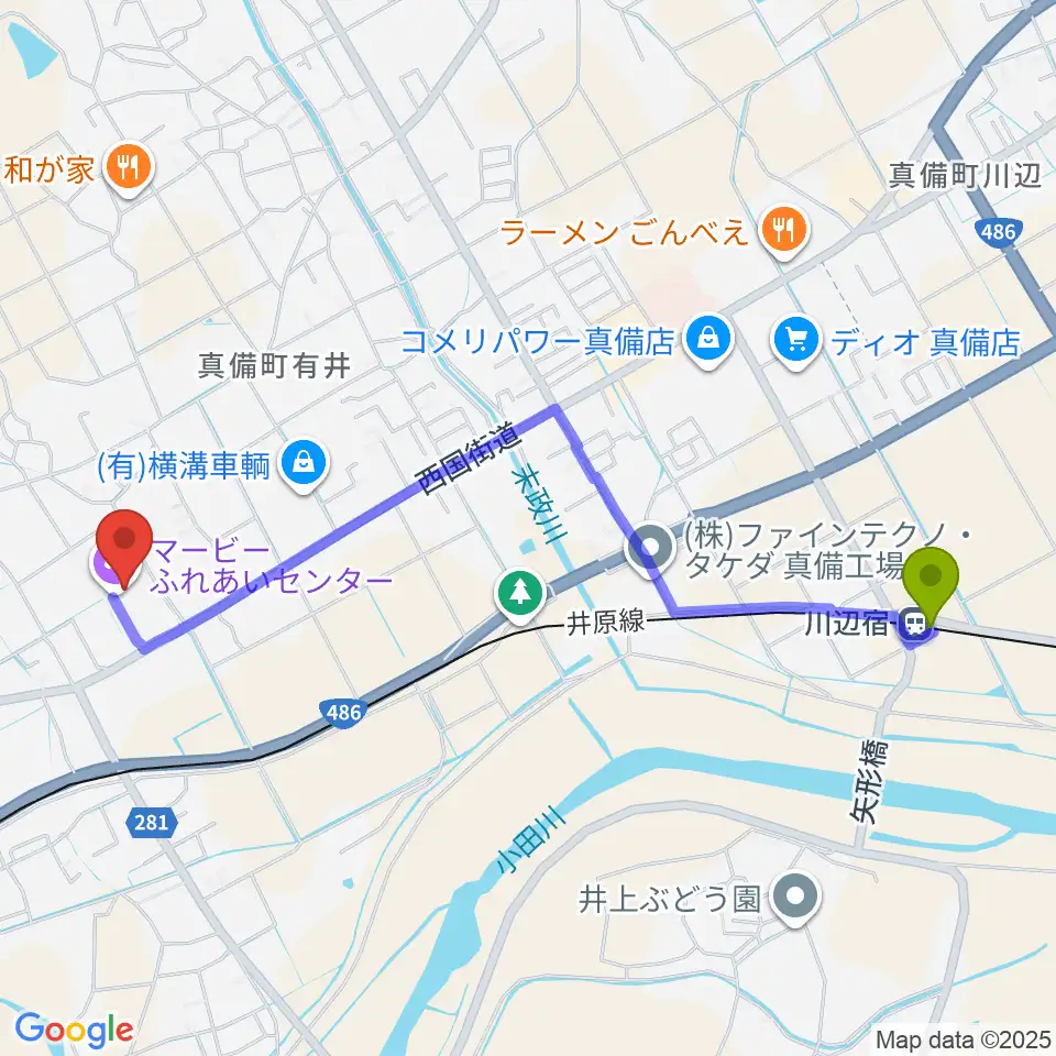 川辺宿駅からマービーふれあいセンターへのルートマップ地図