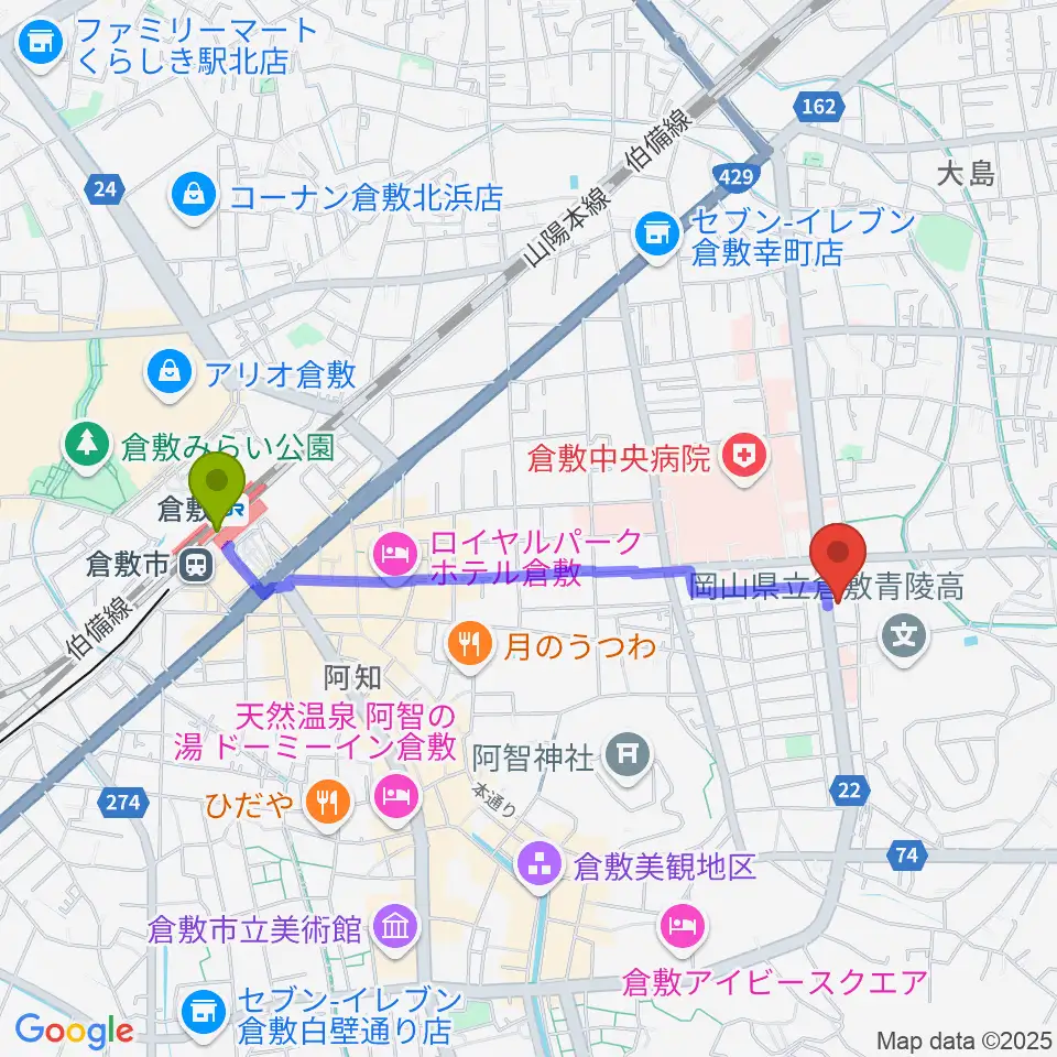 倉敷市文化交流会館の最寄駅倉敷駅からの徒歩ルート（約19分）地図