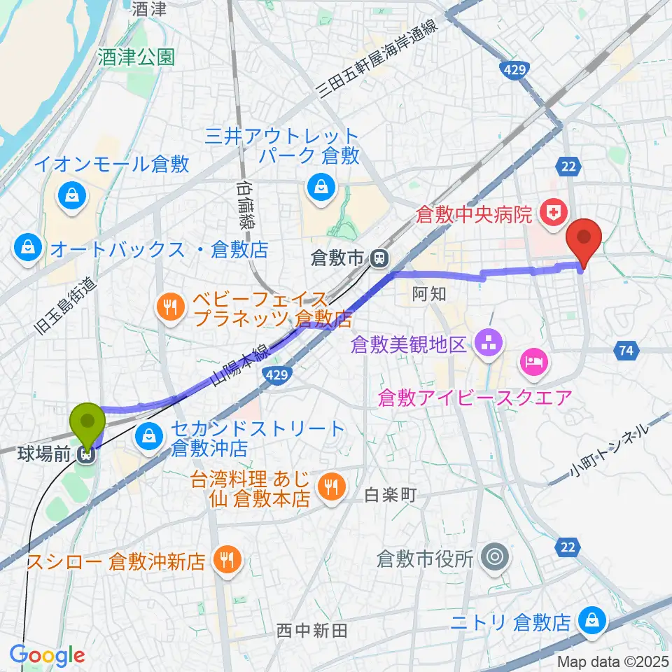 球場前駅から倉敷市文化交流会館へのルートマップ地図