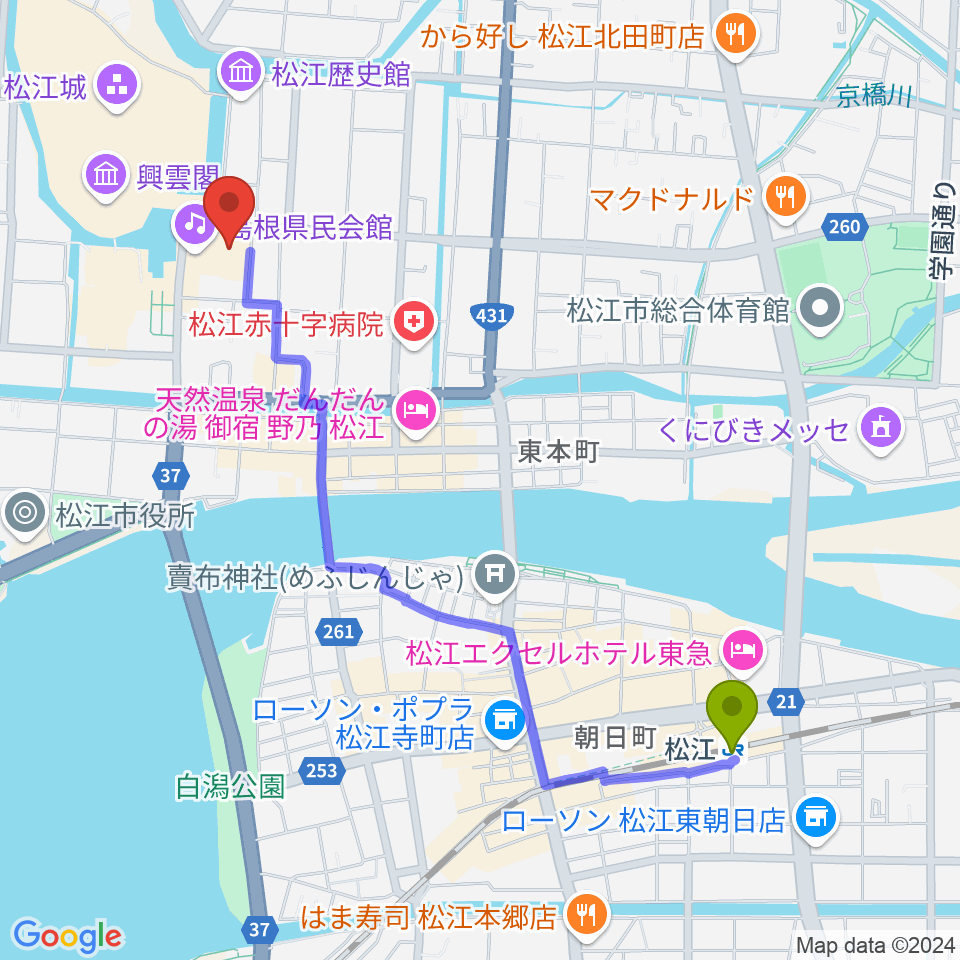 松江駅から島根県民会館へのルートマップ地図