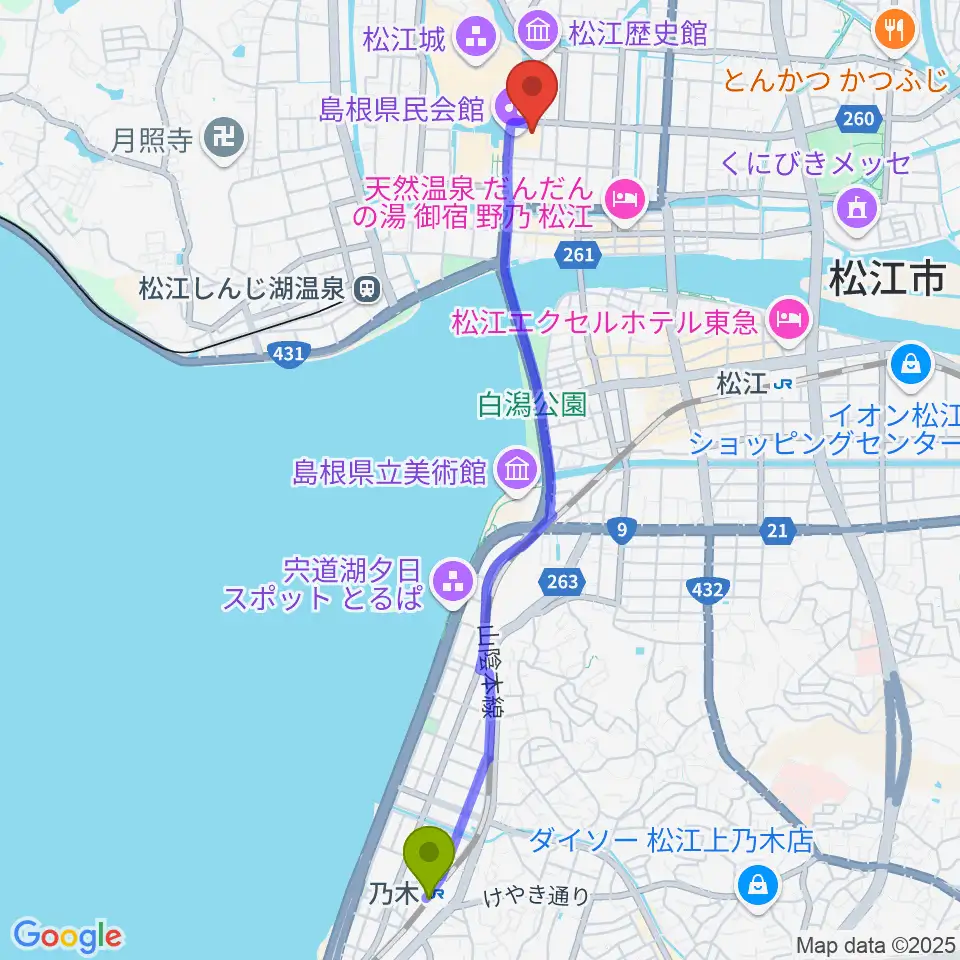 乃木駅から島根県民会館へのルートマップ地図