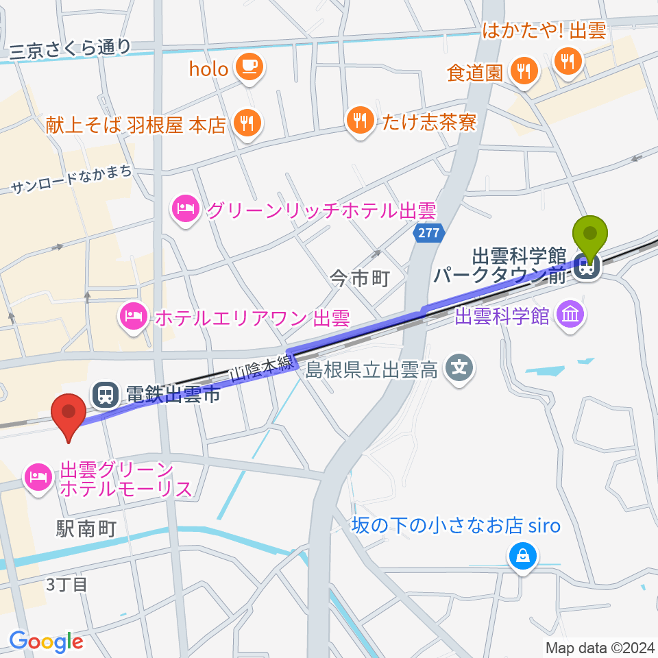 出雲科学館パークタウン前駅からビッグハート出雲へのルートマップ地図