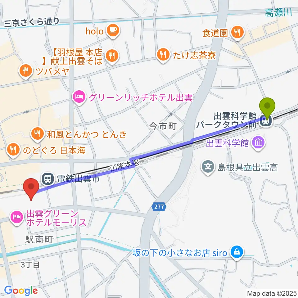 出雲科学館パークタウン前駅からビッグハート出雲へのルートマップ地図