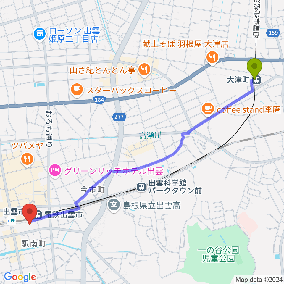 大津町駅からビッグハート出雲へのルートマップ地図