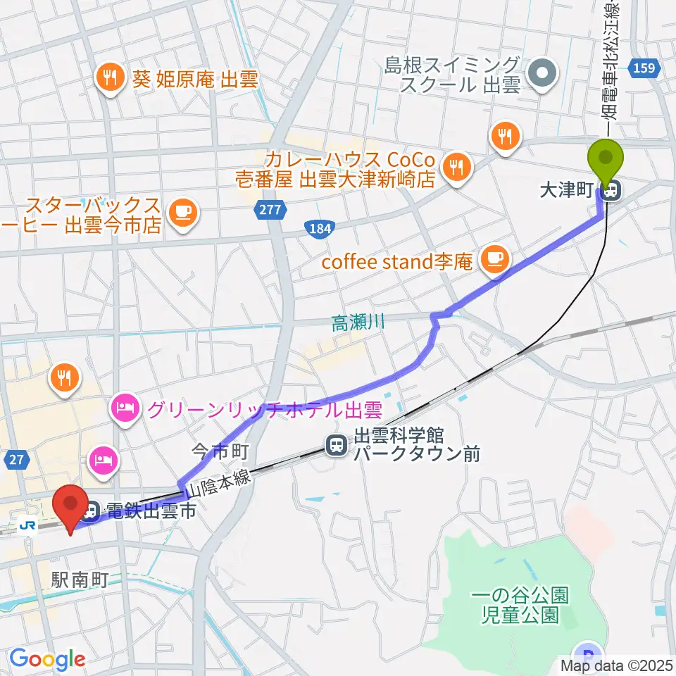 大津町駅からビッグハート出雲へのルートマップ地図