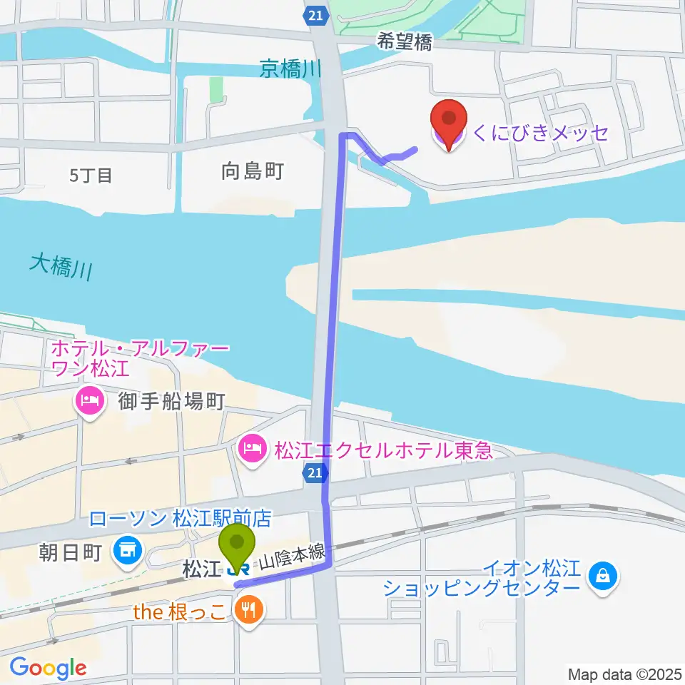 くにびきメッセの最寄駅松江駅からの徒歩ルート（約11分）地図