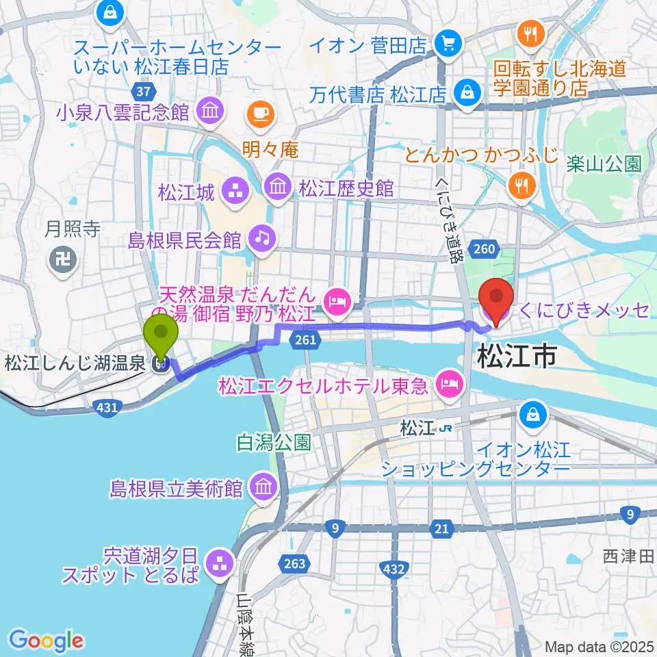 松江しんじ湖温泉駅からくにびきメッセへのルートマップ地図