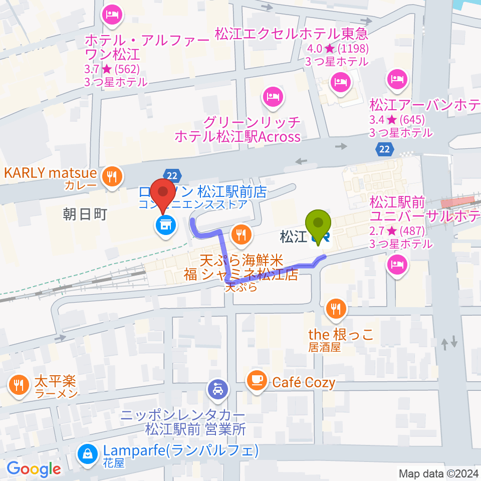 松江テルサの最寄駅松江駅からの徒歩ルート（約3分）地図