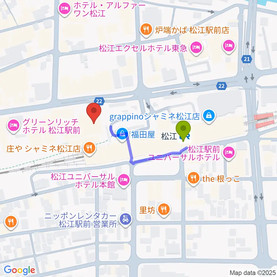 松江テルサの最寄駅松江駅からの徒歩ルート（約3分）地図