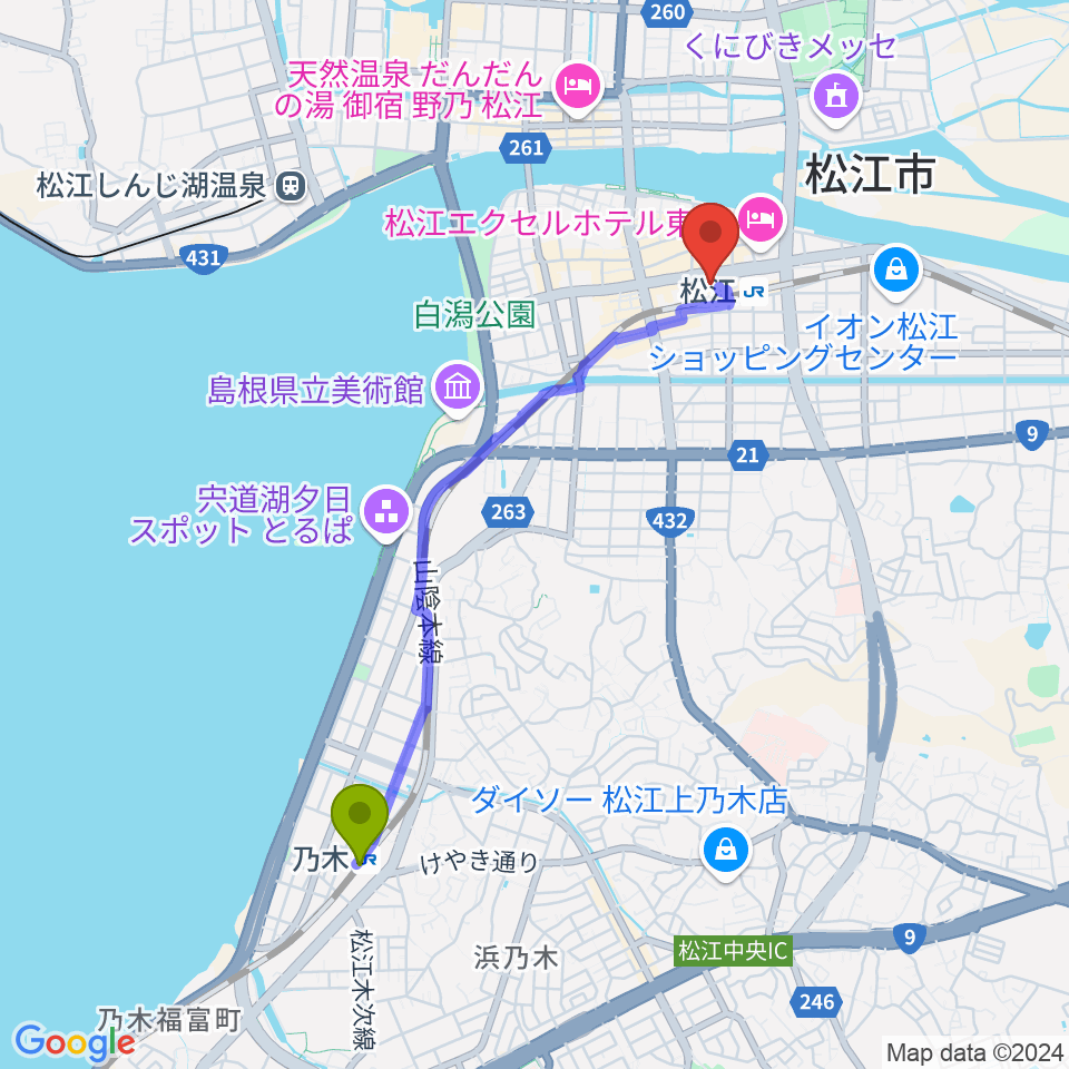 乃木駅から松江テルサへのルートマップ地図