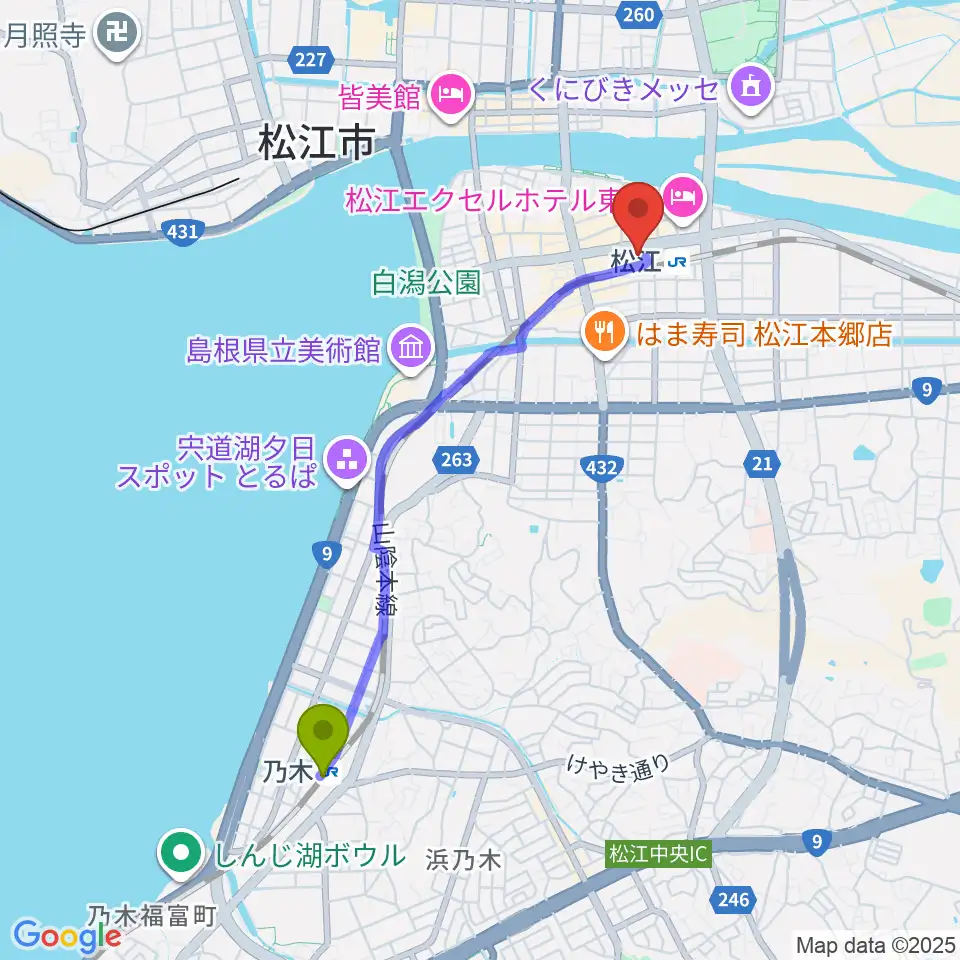 乃木駅から松江テルサへのルートマップ地図