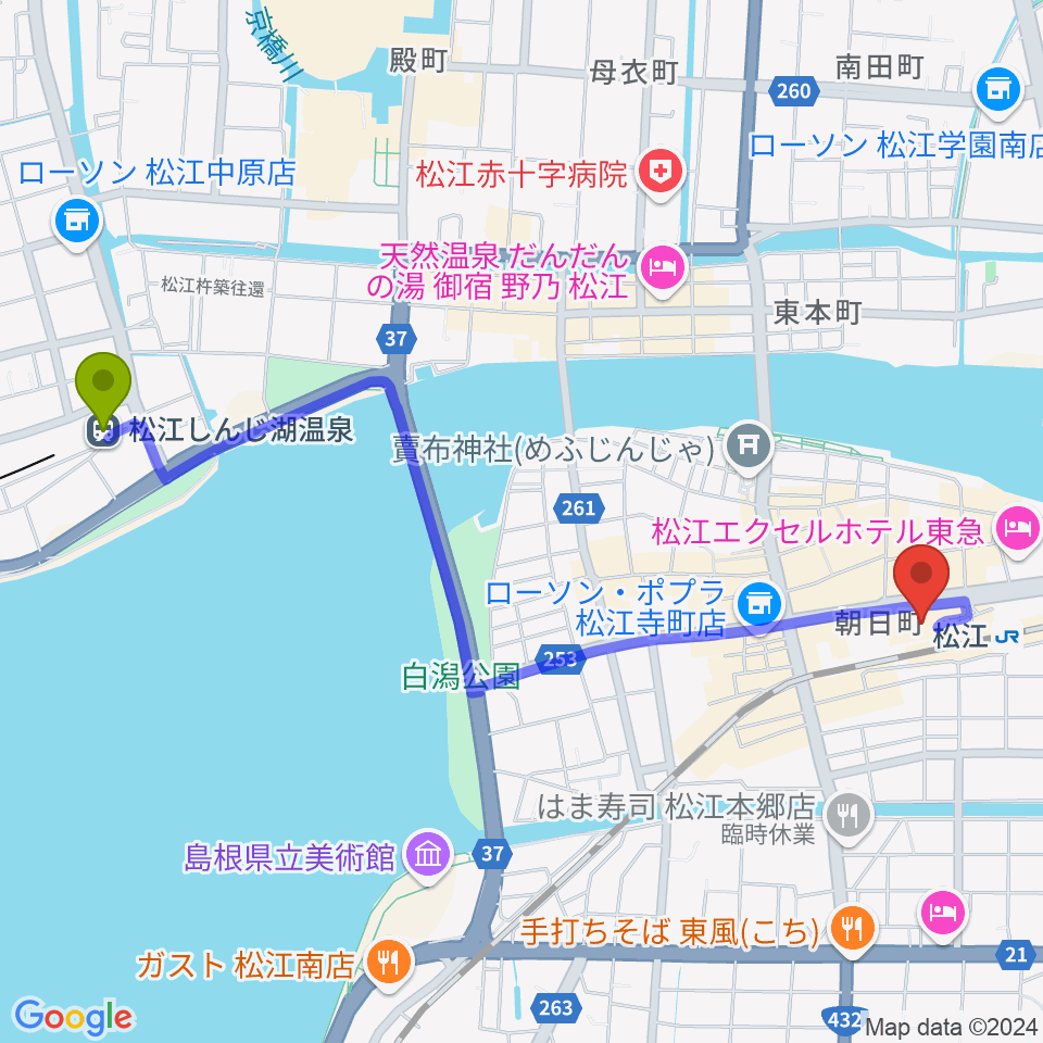 松江しんじ湖温泉駅から松江テルサへのルートマップ地図