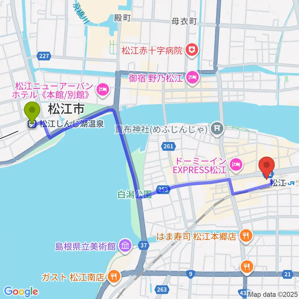 松江しんじ湖温泉駅から松江テルサへのルートマップ地図