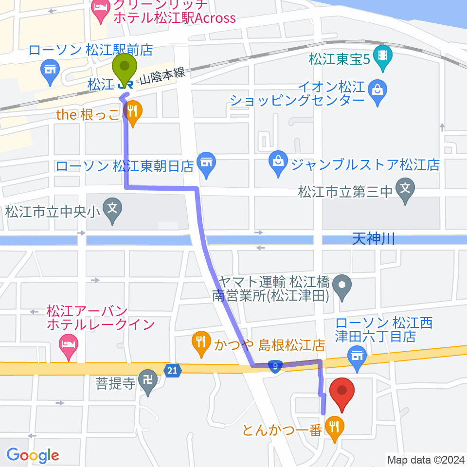 さんびる文化センタープラバホールの最寄駅松江駅からの徒歩ルート（約13分）地図