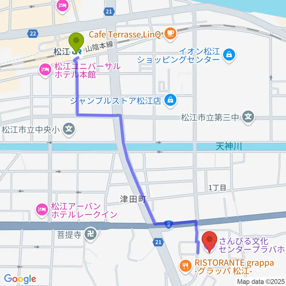 さんびる文化センタープラバホールの最寄駅松江駅からの徒歩ルート（約13分）地図