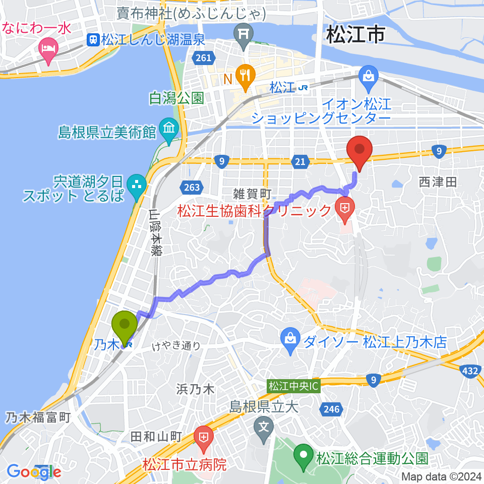 乃木駅からさんびる文化センタープラバホールへのルートマップ地図