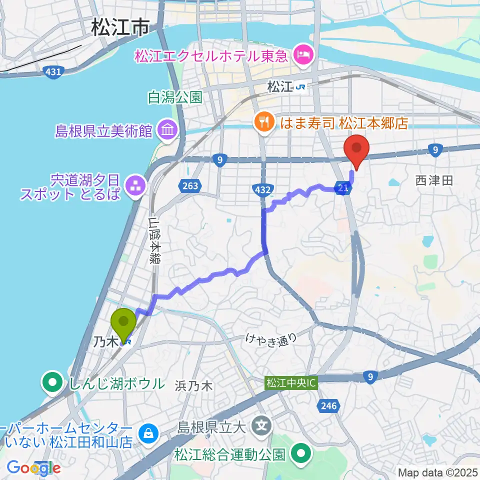 乃木駅からさんびる文化センタープラバホールへのルートマップ地図