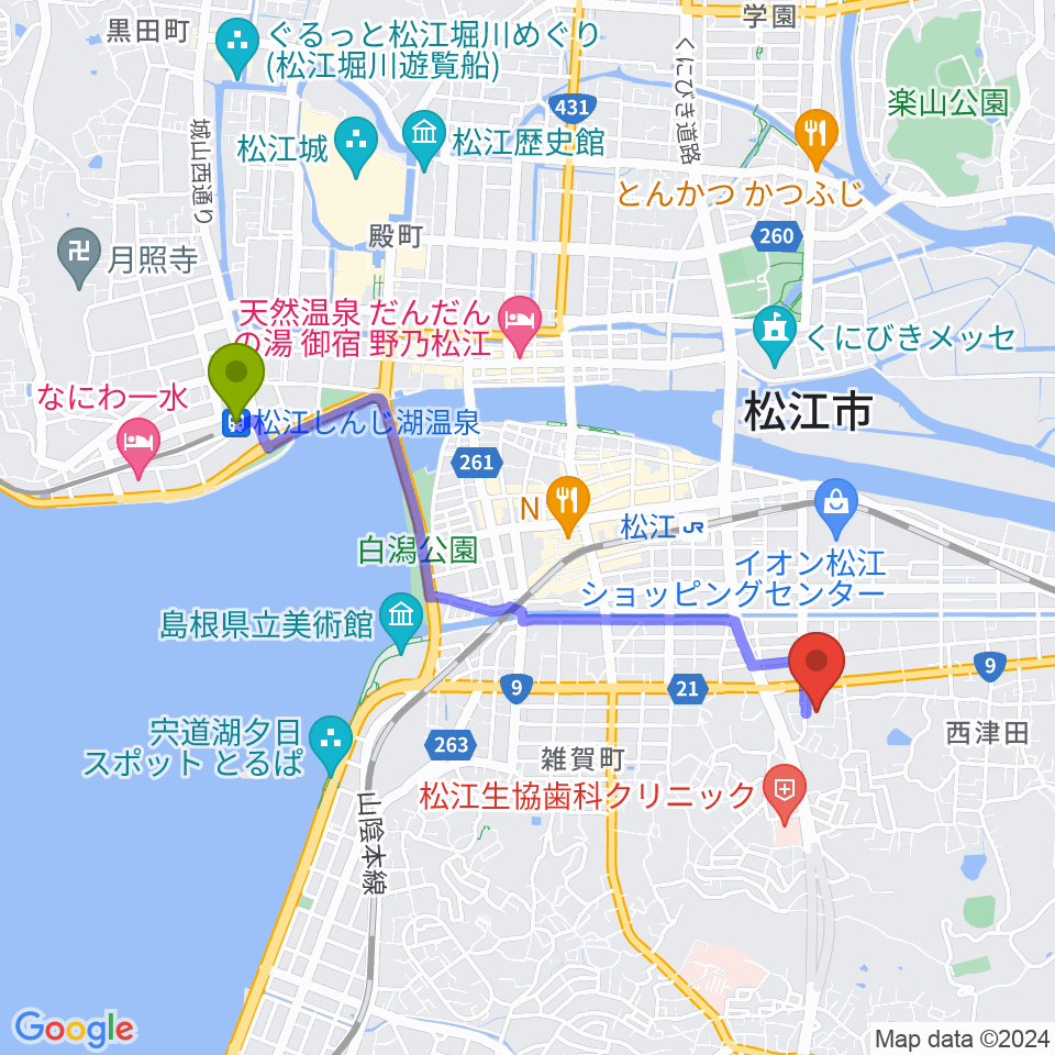 松江しんじ湖温泉駅からさんびる文化センタープラバホールへのルートマップ地図
