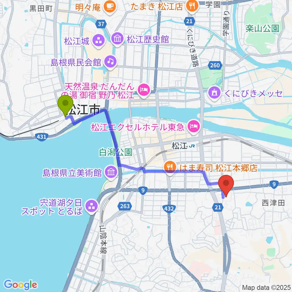 松江しんじ湖温泉駅からさんびる文化センタープラバホールへのルートマップ地図