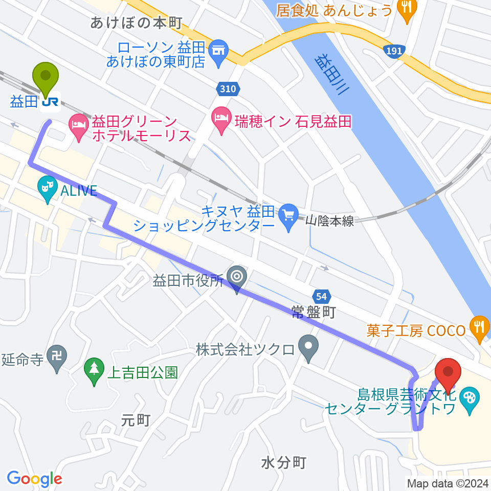 島根県立いわみ芸術劇場グラントワの最寄駅益田駅からの徒歩ルート（約16分）地図