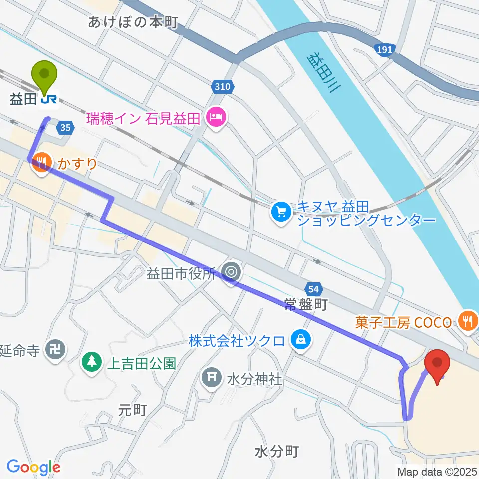 島根県立いわみ芸術劇場グラントワの最寄駅益田駅からの徒歩ルート（約16分）地図